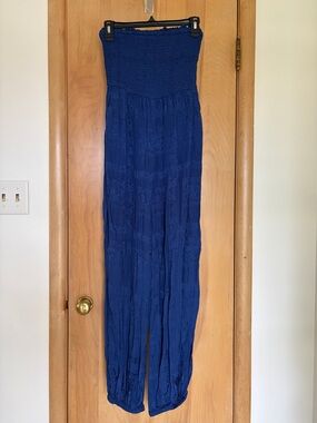 Anthropologie Strapless Smocked Jumpsuit in Royal Blue Small Tall